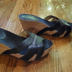 Nine West Black and Natural Wedge Sandals
